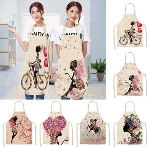 1PC Womens Cotton Hemp Apron Apron Linen Flower Butterfly Girl Printed Kitchen Aprons Cooking Baking Waist Bib Pinafore 55*68cm