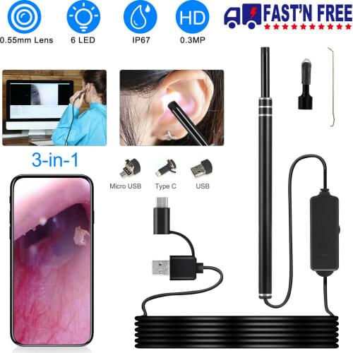 3 in 1 Earwax Cleaning Endoscope Camera 5.5mm USB HD Visual Otoscope-Ear Camera Mouth Nose Ear Endoscope Cleaning Tool
