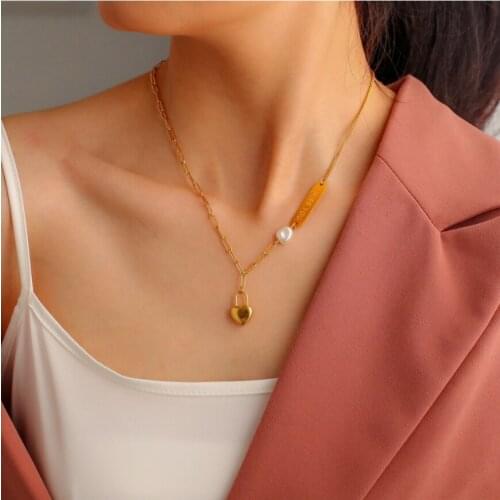 316L Stainless Steel Upscale Jewelry Pearl Love Heart Lovers Lock Carve I Miss You Charms Choker Necklaces & Pendants For Women