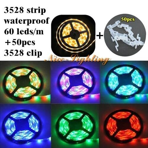 5meter/lot SMD 3528 Flexible Waterproof LED Strip 12V 60LED/M White Warm Yellow Red Green Blue Light Stripe + 50pcs Silicon Clip