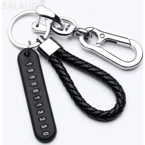Anti-lost Phone Number Plate Car Keychain Pendant Auto Vehicle Leather Bradied Key Chain Phone Number Card Keyring Accessories