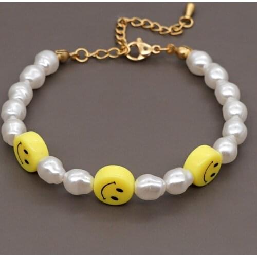 Go2Boho Smile Face Charm Bracelets Pearls Beaded Bracelet For Women Jewelry Adjsutable Stainless Steel Chain Smiley Pulseras