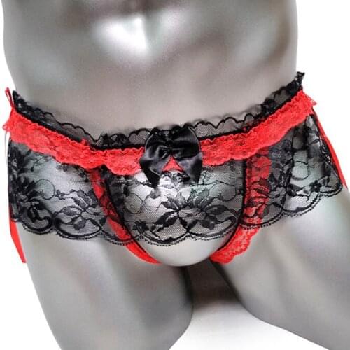 Floral Lace Mens Panties Sexy Sissy Thong Underwear With Bow T Back Crotchless Fashion Gay Penis G Strings See through Underpant