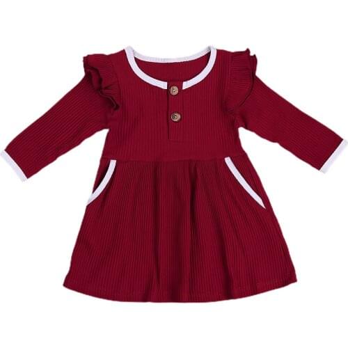 Children Girls Patchwork Pleated Dresses Toddler Kids Girl Round Neck Long Fly Sleeve Button Dresses Baby Autumn Clothing 1-6Y