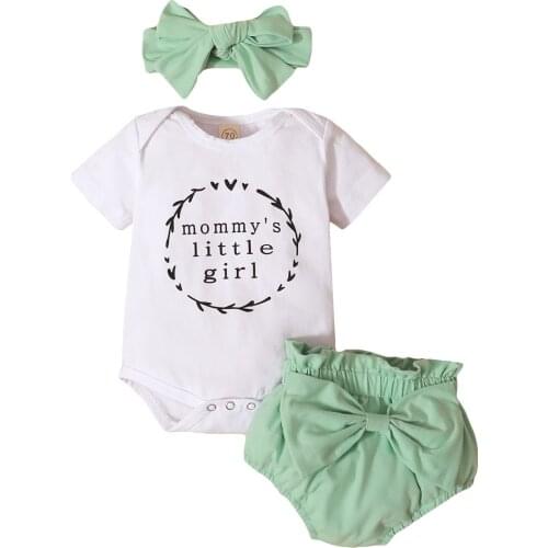 2021 Fashion Toddler Girl Summer Letter Short Sleeve Romper Jumpsuit Top And Solid Shorts Headband for Baby Girls Clothing