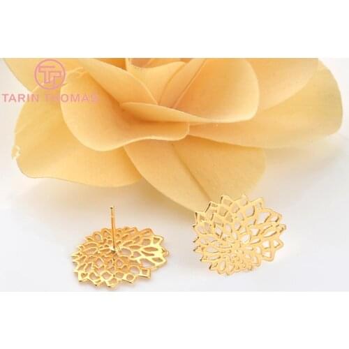 10PCS 20*16MM 24K Gold Color Brass Flower Stud Earrings Pins High Quality for Diy Jewelry Making Findings Accessories
