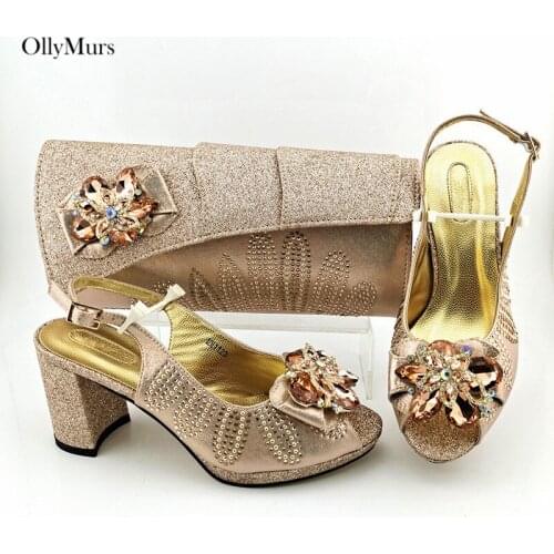 Fashion Rhinestone Ladies Pumps Champagne Shoes And Bag Set For Party New Design High Heels Shoes And Bag Set For Wedding Dress