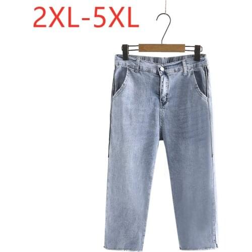 New 2021 Ladies Summer Plus Size Jeans For Women Large Slim Elastic Blue Pocket Cropped Trousers 2XL 3XL 4XL 5XL