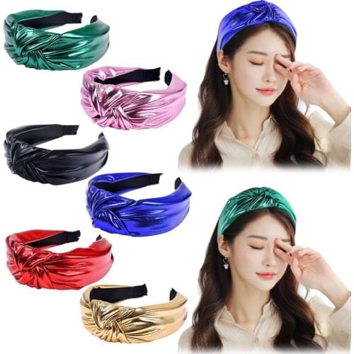 Imixlot New Fashion Women Bright Color PU Fabric Headband Girls Charm Middle Knotted Wide Hair Band Solid Color Hair Hoop