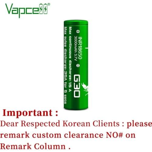 Vapcell original 18650 3000mah 15A/35A G30 3.7V Li Ion Battery Rechargeable Cell For Flashlights Tools Batteries