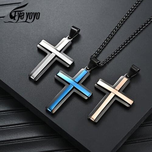 EyeYoYo 3D Cross Necklace Pendant For Men Stainless Steel Chain Male Boy Gift Polish Cross Pendant Wholesale 2020 New