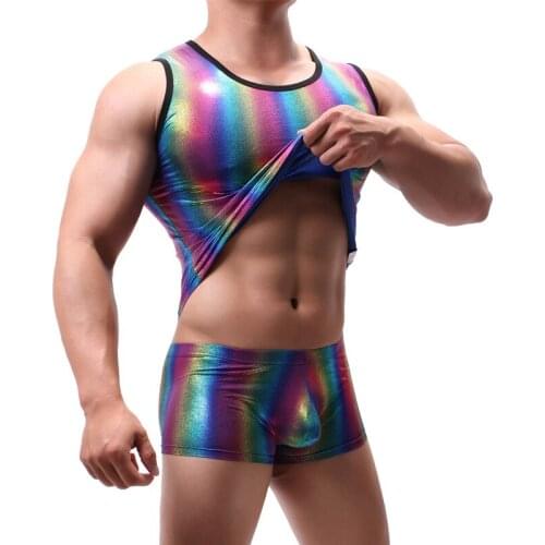 Sexy Fashion Men Brand Rainbow Shiny Nylon Tank Tops Gay Male Vest Undershirt Singlets perform costume Erotic Underwear