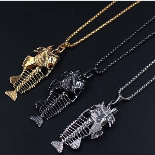 Charms Fish Bone Fishing Hook Pendant Necklaces Stainless Steel Hollow Fish Skeleton Bone Necklace Fashion Jewelry xlct016