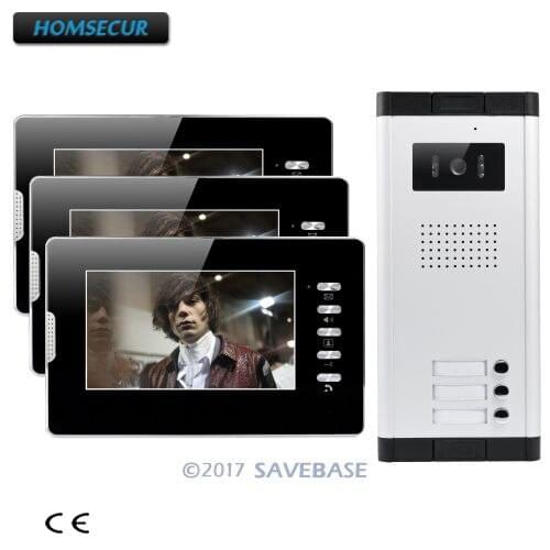 HOMSECUR 7" Wired Video Door Intercom System With Lock Release Button For 3 Apartment