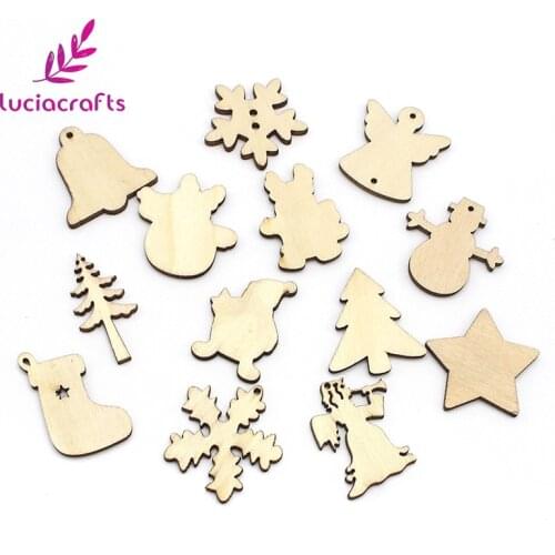 Lucia crafts 50pcs/lot 17-35mm Wooden Christmas Motif Pendant Hanging For Christmas Tree Ornament DIY Decoration E0706