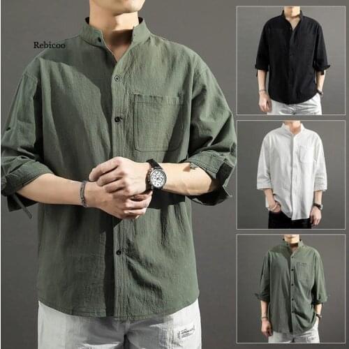 Mens Summer New Cotton Linen Shirt Three-Quarter Sleeve Casual Loose Stand-Up Collar Shirts for Men Button Down Tops