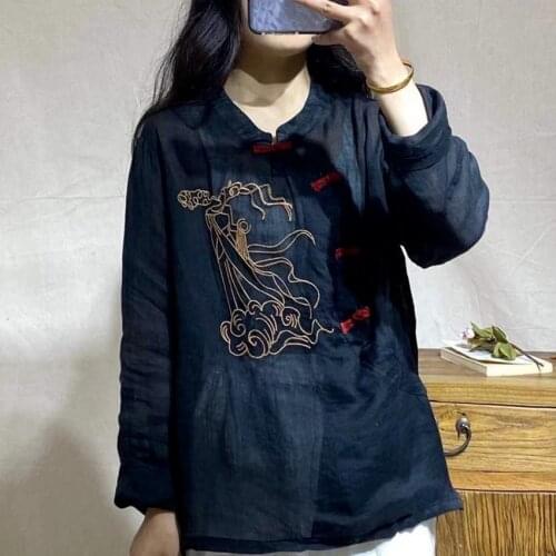 Spring Chinese Style Women Vintage Button Round Neck Loose Shirts Linen Floral Embroidery Plus Size China Fashion Clothes Female