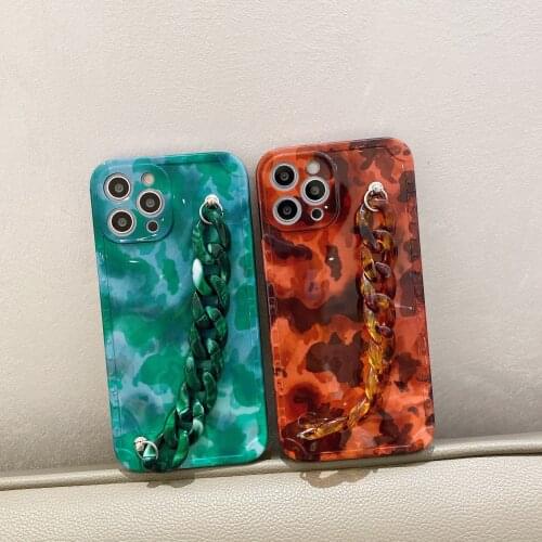 Amber & Jade Pattern Wrist Chain Case for iPhone 12 Pro Max Back Phone Cover for 12 11 Pro Max X XS XR 8 7 Plus SE 2020