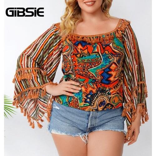 GIBSIE Mixed Print Tassel Off Shoulder Blouse Women Vacation Bohemian Tops Summer Fall Long Sleeve Female Blouses Plus Size 2021