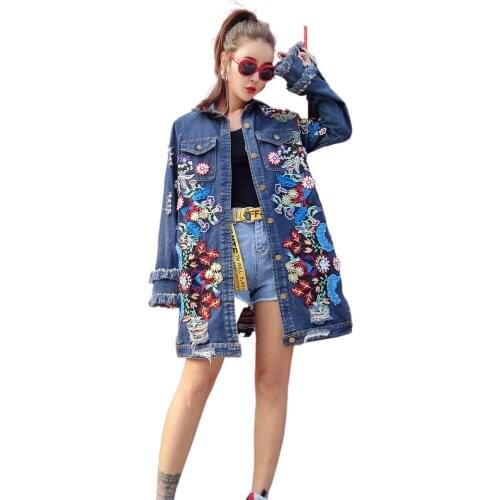 Fashion Floral Embroidery long jean jacket for women Burr edge Ripped hole long sleeve outerwear female Beading jackets
