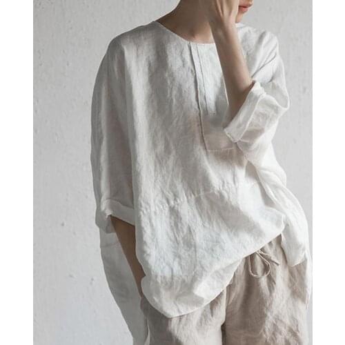 Women Harajuku style Linen T-shirt Casual Solid Color O Neck Half Sleeve Slitting Hem Loose t shirts tee tops for women female