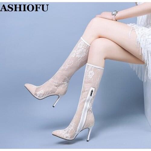 ASHIOFU 2021 New Womens High Heel Boots Air-mesh Net Sexy Midcalf Boots Breathable Party Prom Evening Club Fashion White Shoes