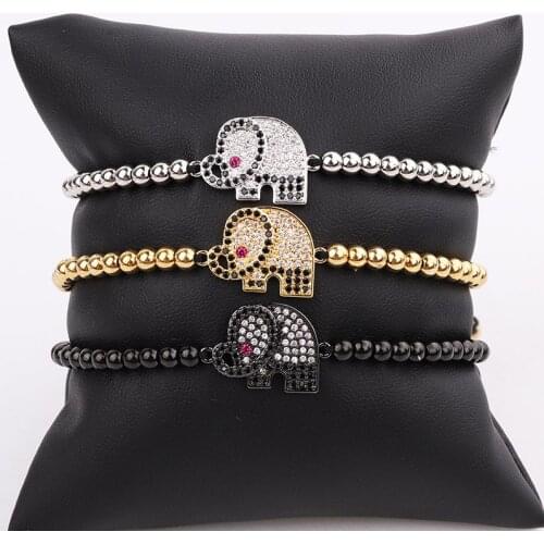 Fashion Cute Design Elegant Micro Pave CZ Elephant Charm Stainless Steel Beads Friendship Bracelet Women Lady