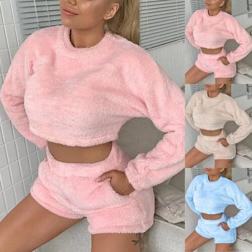 Womens Long Sleeve Solid Sexy Fluffy Outfits Plush Keep Warm Set Elastic Waist Shorts Sexy Home Suit домашняя одежда женская