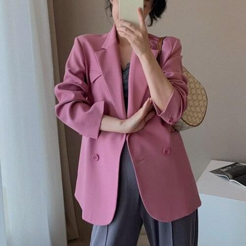 2021 Womens Autumn Double Breasted Blazer Jacket Fashion Basic Casual Purple Pink Long Sleeve Elegant Blazers
