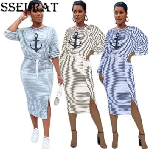 SSEURAT Casual Two Piece Set Striped print O-neck Long Sleeve Top Long Skirt Set Outfit Women Autumn Two Piece Outfits 2021