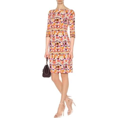 Ladies New half sleeved O-Neck elastic knitted slender fashion print silk jersey dress