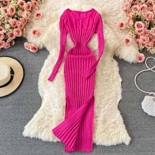 Knitting Solid Black Sweater Slit Dress bodycon Vestidos Sexy Maxi Dresses Streetwear Full Sleeve Office Lady Female Clothes