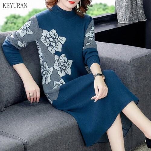 Floral Women Winter Turtleneck Sweater Dress Female Elegant High Quality Warm Knitting Dress Knee-Length Vintage Dress Female