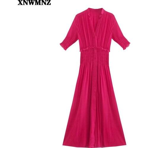 New Women Chic pleated dress Vintage slot collar short sleeves Female Dress za Elegant Elastic waist button-up Robe midi dresses