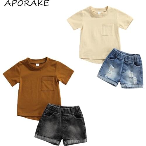 2021 0-4Y Casual Kids Baby Girl Boy Clothing Set Solid Color Pocket Short Sleeve T-shirt+Denim Shorts Summer Outfits 2pcs