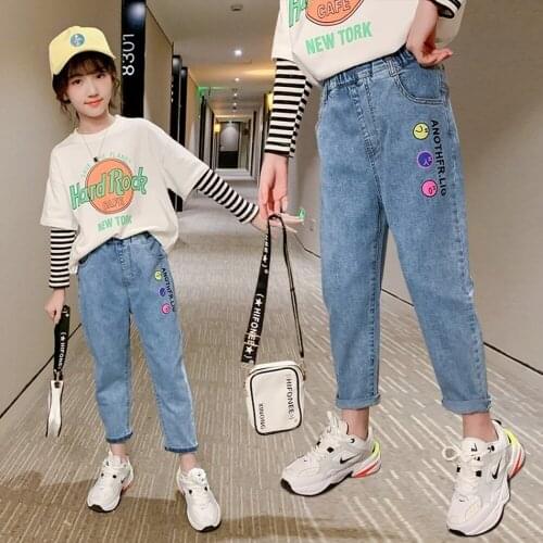 2021 Spring Kids Jeans Girl Solid Jeans for Girls Fashion Letter Girls Jeans Pants Autumn Casual Girls Clothes 6 8 10 12 14 Year