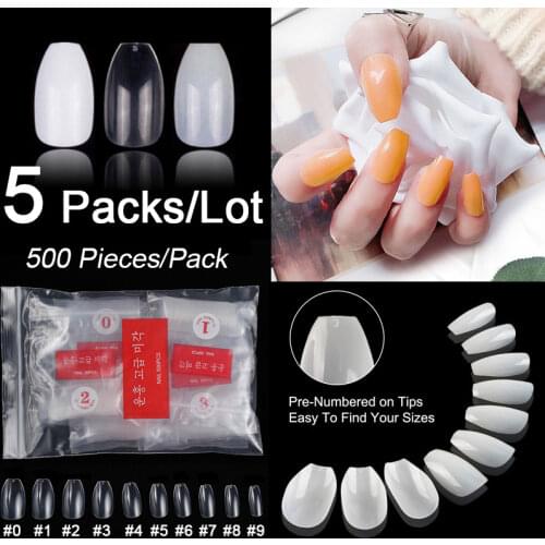 5 Packs/Lot 500 Pieces/Pack Short Ballerina False Nail Tips 10 Sizes Acrylic Nails Coffin Full Cover Nail DIY Nail Extension