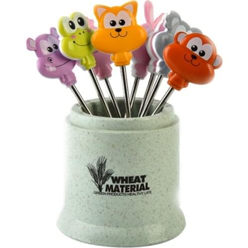 8 PCS/Set Cute Animal Stainless Steel Fruit Fork Set Mini Salad Fruit Tasting Forks Cocktail Cake Two Teeth Fork for Home Office