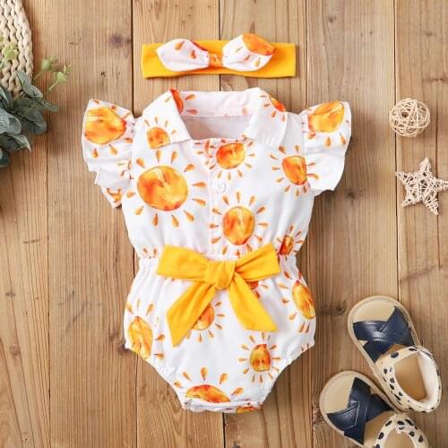 Newborn Baby Lovely Bodysuit with Headband Toddler Summer Sun Print Turn-Down Collar Fly Sleeve Romper+ Hairband Kids Playsuits