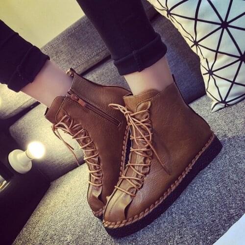 Brown Black Leather Boots Women Fashion Flat Platform Shoes Ankle Boots Platform Heel Outdoor Boots Women Shoes Casual Flats