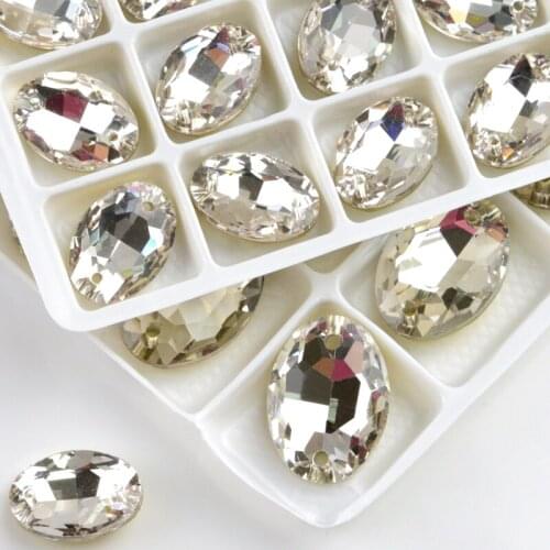 Two size sew-on Rhinestone Crystal white Gold bottom Oval shape two holes Glass sewing Rhinestone For DIY wedding Dress shoes