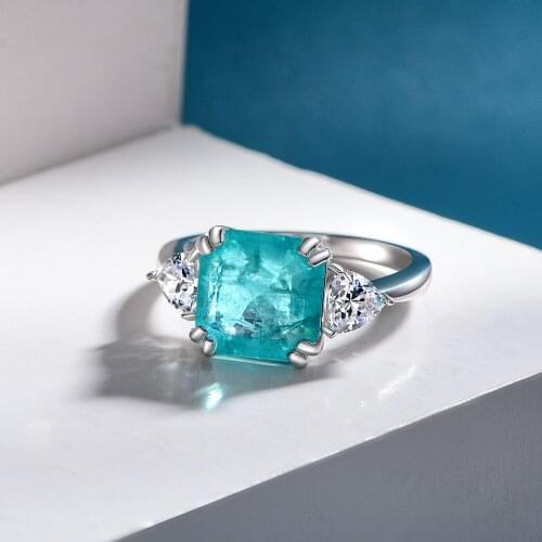 New Sterling Silver 925 Ring 10*10MM Square Cut Paraiba Inlaid Lab Diamond Simple Retro To Attend The Cocktail Party