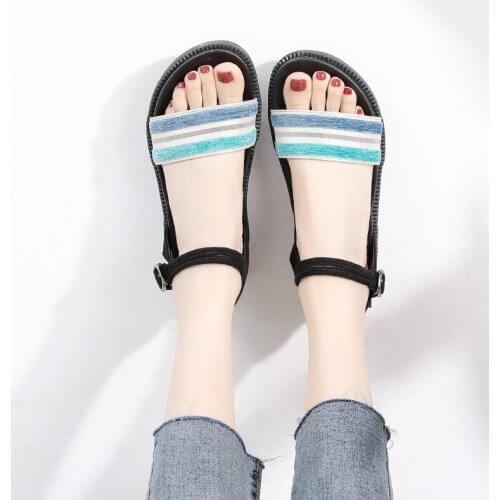 Summer New Sandals Women Leisure Flock Buckle Strap Shallow Front & Rear Strap Flat With Soft Bottom Stripe Med (3cm-5cm) Open