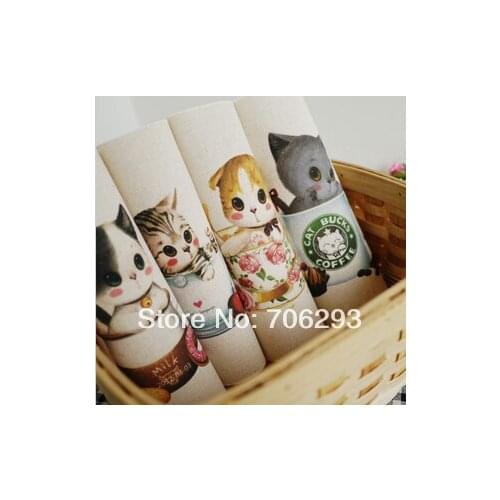Hand dyed 4 Assorted Cotton Linen Printed Quilt Fabric For DIY Sewing Patchwork Home Textile Decor 20x30cm cat in the cup