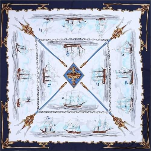 POBING 100% Silk Scarf Women Large Shawls Spain Warship Print Stoles Square Bandana Hijab Luxury Kerchief Female Foulards 130CM