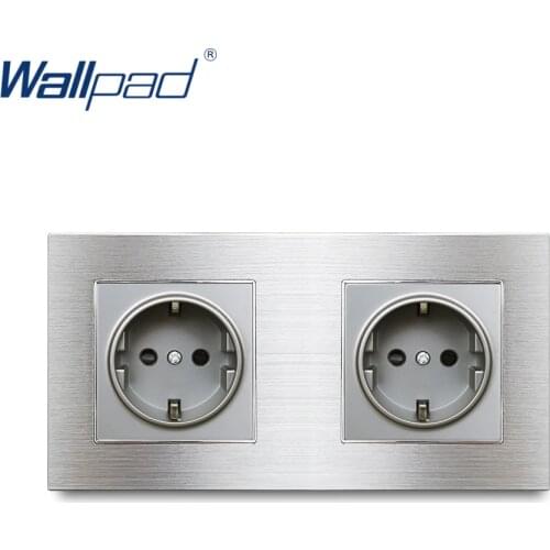 Silver 2 EU Plug Socket Wallpad Silver Metal Panel Double 16A Electrical Wall Power Outlet Schuko German Socket 172*86mm