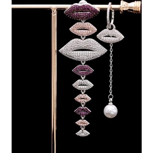 1pair Colorful CZ Mouth Shaped Earring Studs Tassel Earring Asymmetry Mouth Luxury Earring Fashion Jewelry for Gift