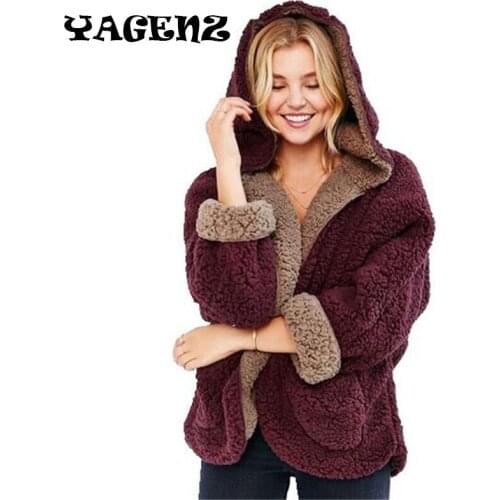 Wool Loose Sweater Fashion Winter Women Lambs Wool Coat Both Sides Wear Jacket Loose Bat Sleeves Casual Hooded Pure Color Coats