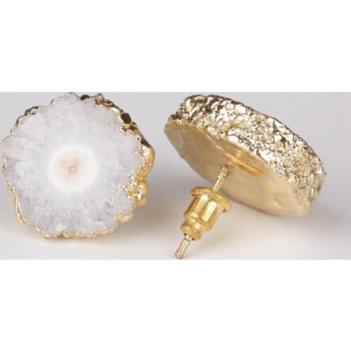Thick White Natural Solor Druzy Drusy Stone Slice Semi Precious Stone Bead Charm Gold Unisex Stud Earring For Wedding Gift