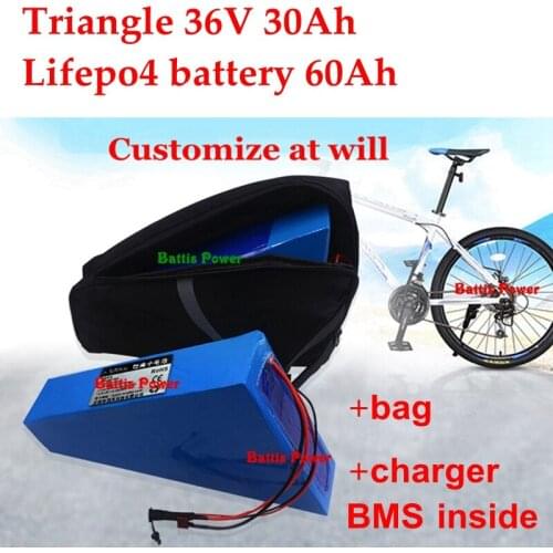 Triangle 36V 30Ah Lifepo4 battery 60Ah 38v 12s 32650 cells for EV motor rv 1000w 1500w bike power robots + 5A charger + Bag